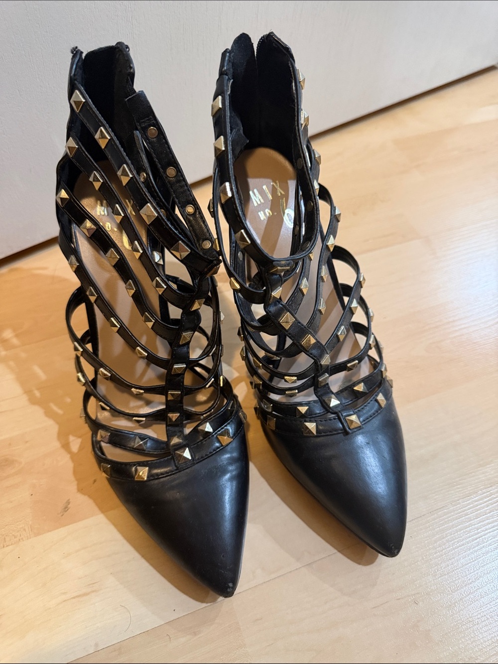 Mix No. 6 Black Pointed Strappy Studded Heels